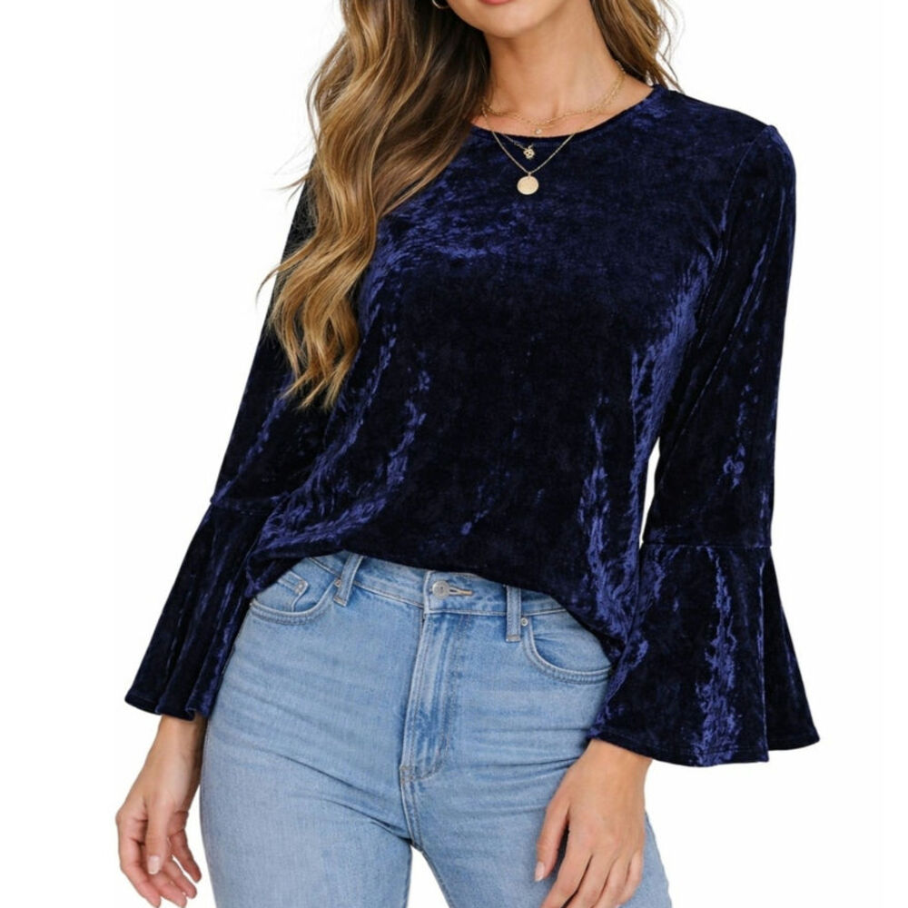 Beach Lunch Lounge Velvet Top Women's Size XS Blue Bell Sleeve Whimsigoth Witchy
